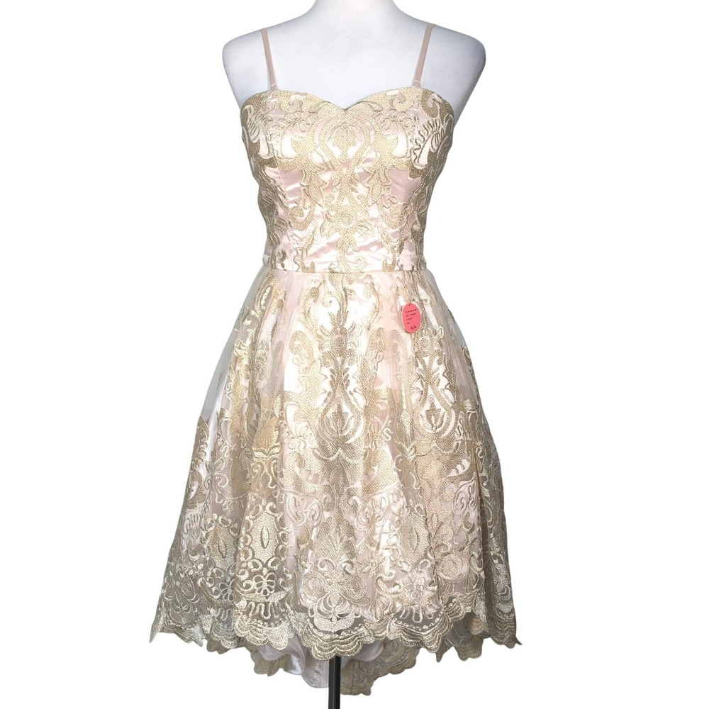 CHI CHI LONDON NWT XS Baby Pink Champagne Gold Embroidery High Low Dress Gown